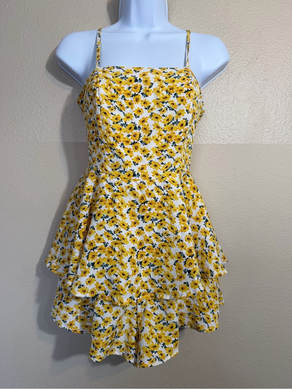 SHEIN Yellow Floral Tiered Cami Romper - Size Medium
